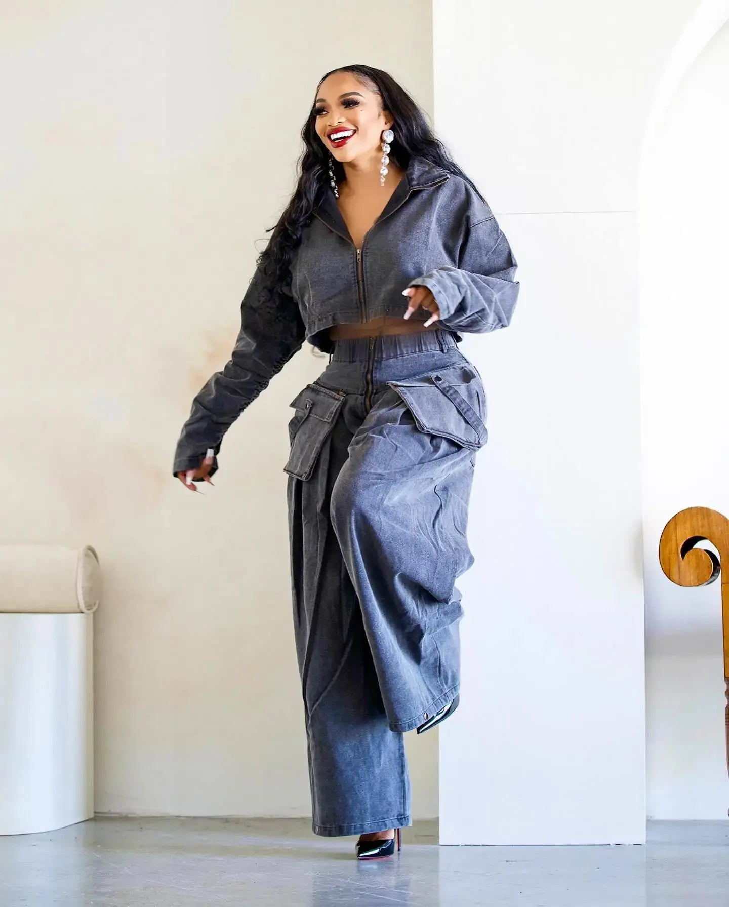 Denim Two Piece Sets Women Coat Jacket Wide Leg Pants Jeans Suits Matching Sets Trousers Outfits 2025 Y2k Streetwear Party