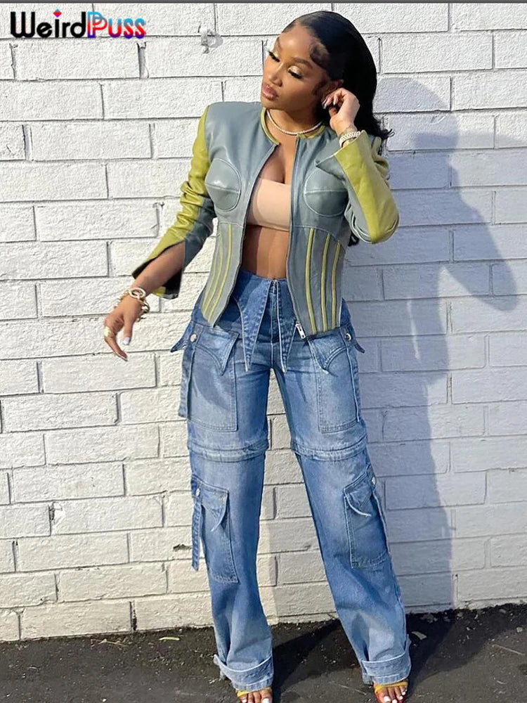 Weird Puss Hipster Patchwork Jacket Women Y2K Faux Leather Irregular Backless Zip Stripe Wild Basic Streetwear Autumn Trend Coat