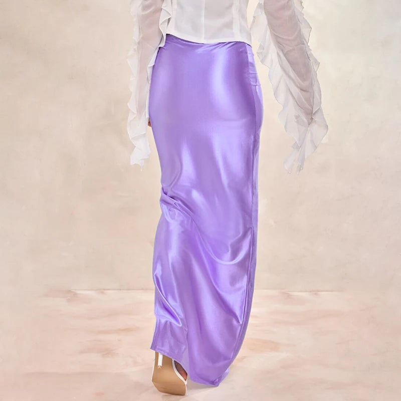 CUTENOVA Stain Long Solid Color Skirt Elegant High Waist Side Split Maxi Skirts Party Sexy Clothes for Women Autumn 2024