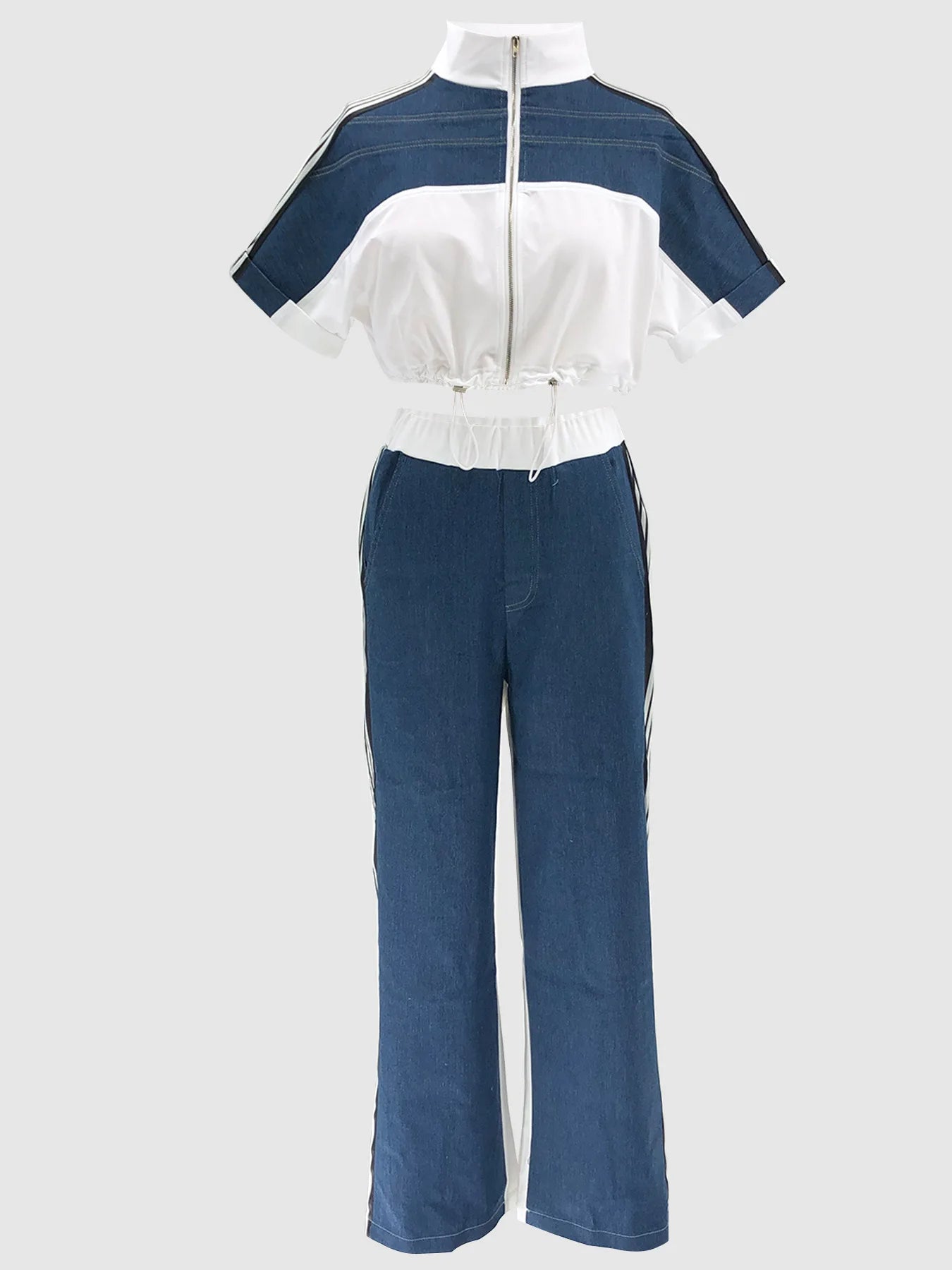 Pant Set Women Two Piece Sets Denim Matching Sets Jogger Tracksuit Matching Sets Zipper Tops Wide Leg Long Pants Elastic Waist