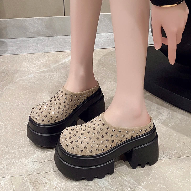 10CM New Rivet Platform Women Slippers Fashion Chunky High Heeled Sandals Comfort Roma Style Round Toe Slide Mule Shoes Summer