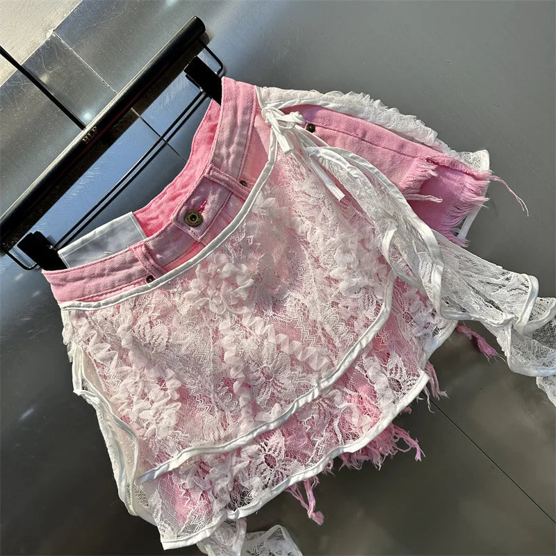 Ruffle Leaf Edge Irregular Curtain Skirt Sweet A Line Skirt Lace Splicing Denim Shorts Street Hipster Denim Shorts Women