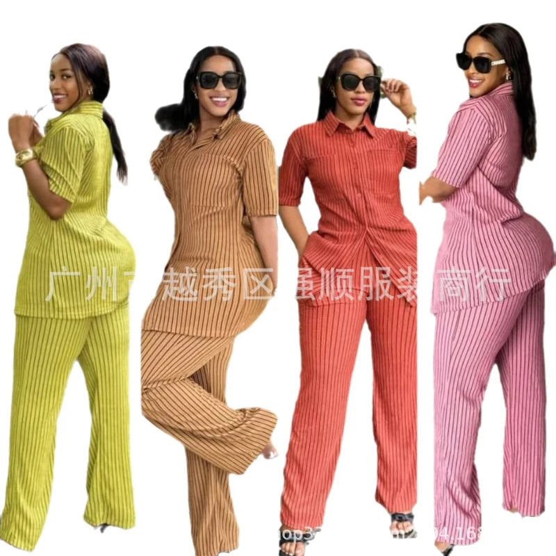 Two Piece Sets Women Pant Set Turn Down Collar Streetwear Y2k Single Breasted Shirt Tops Striped Wide Leg Long Pants Casual 2025