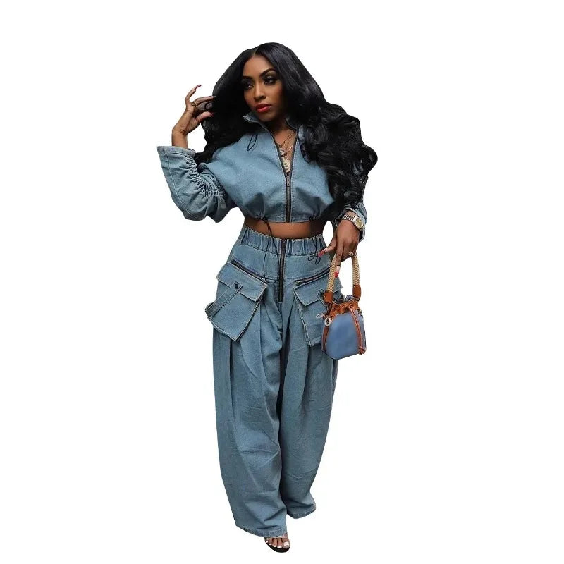 Casual Loose Denim Two Piece Set for Women Streetwear 2023 Autumn Zipper High Collar Crop Top Elastic Waist Wide Leg Cargo Pants
