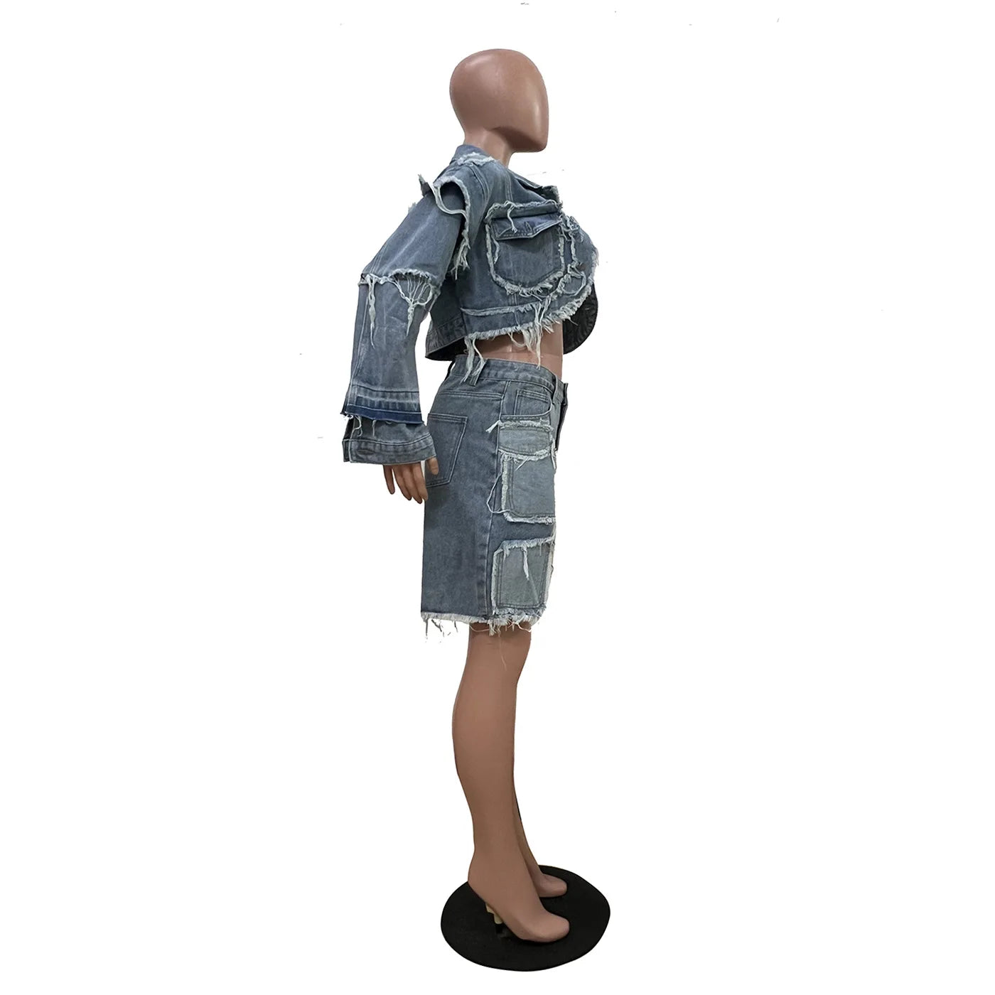 FAGADOER Summer New Fashion Denim 2 Piece Sets Woman Outfit Long Sleeves Patchwork Crop Jacket + Short Female Streetwear New