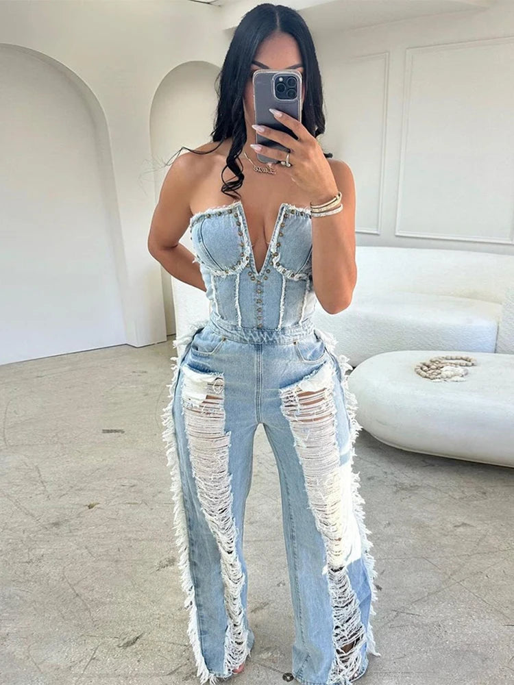 Sibybo Tassel Hollow Out Overalls For Women Studded Diamond Strapless Backless Jeans Street Fashion Trend Jumpsuite Femme