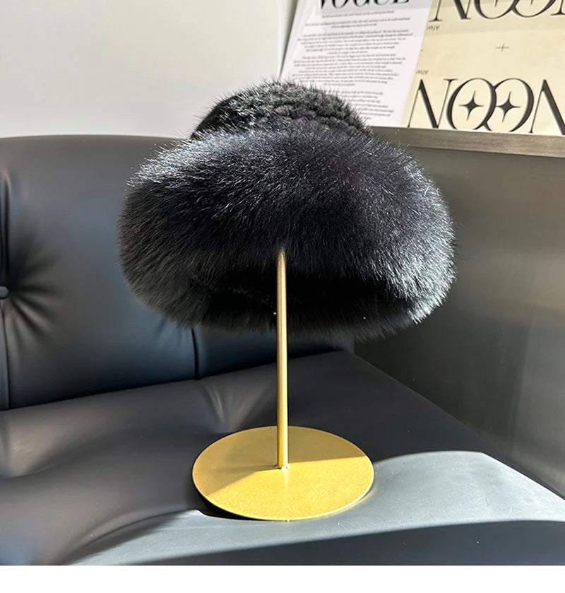 New Genuine Real Natural Knitted Mink Fur Hat Cap Luxury Women Handmade Knit Fashion Winter Headwear Warm Real Fox Fur Beanies