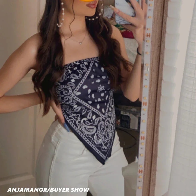 ANJAMANOR Cute Sexy Graphic Bandana Crop Top Women Clothing 2023 Summer Women Off Shoulder Backless Tank Tops D13-AI10