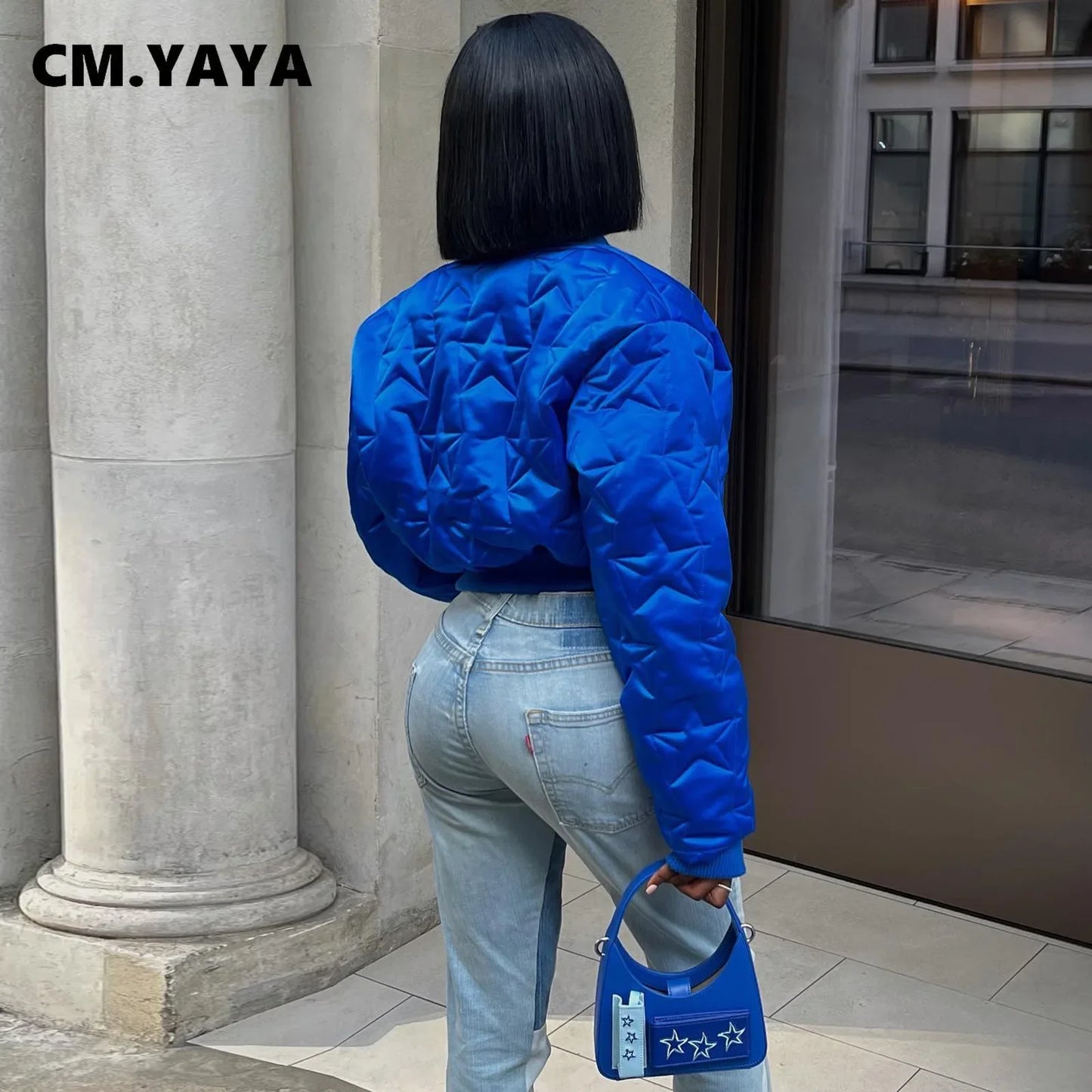 CM.YAYA Women Long Sleeve Star Zipper Fly Baseball Style Parkas Jackets 2023 Autumn Winter Keep Warm Outcoats Jacket