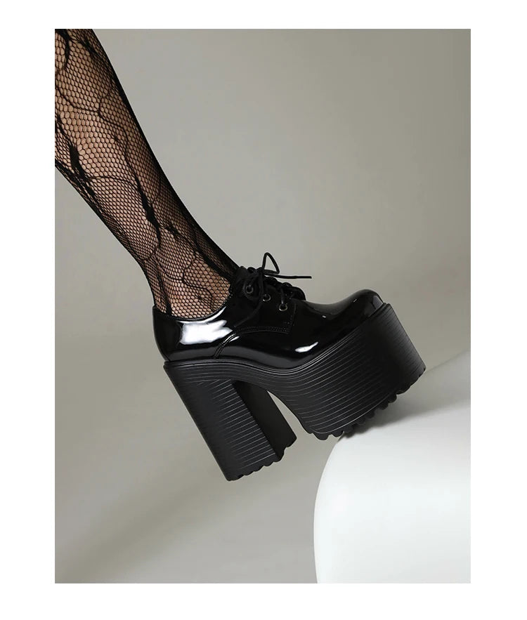 Ultra High Waterproof Platform Shiny Patent Leather Lace Up Women's Pumps Breathable Lining Thick Heels Punk Trendy High Heels