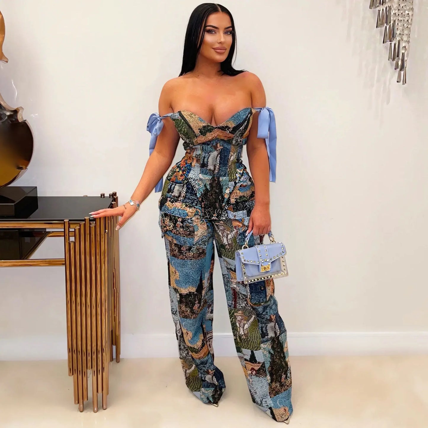 CM.YAYA Oil Painting Printed Women's Set Lace Up Back Crop Top and Pants Suit 2024 Fall Winter Two 2 Piece Sets Outfit Tracksuit