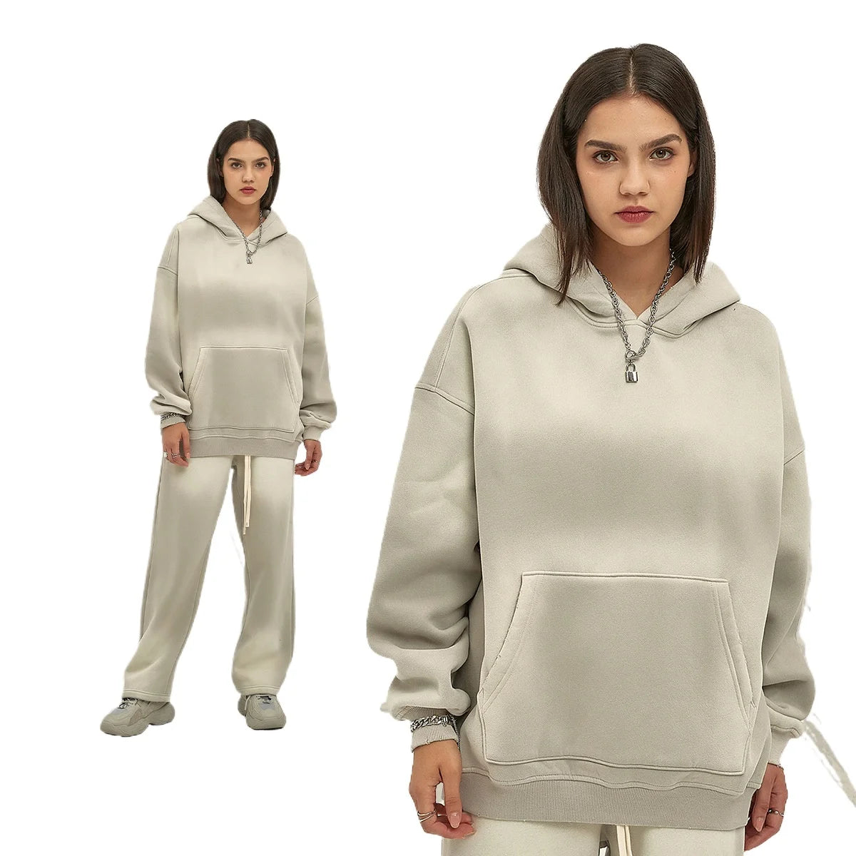 Custom LOGO 2025 autumn winter new 360G heavy sweater men's women's spray-dyeing old thickened hooded trendy sweater trousers clothes set