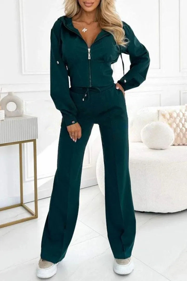 Autumn Casual Solid Sportswear Women Set Fashion Zipper Hooded Sweatshirts Coat & Lace-up Pants Tracksuit New Winter Suit Outfit