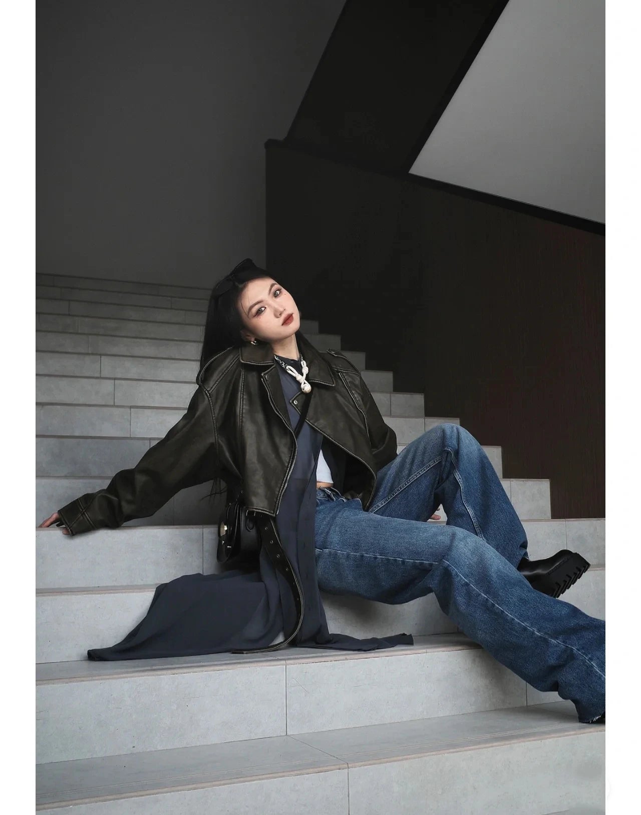 RARF Women's new vintage wash to do old short lapel long sleeve loose pu imitation leather jacket coat