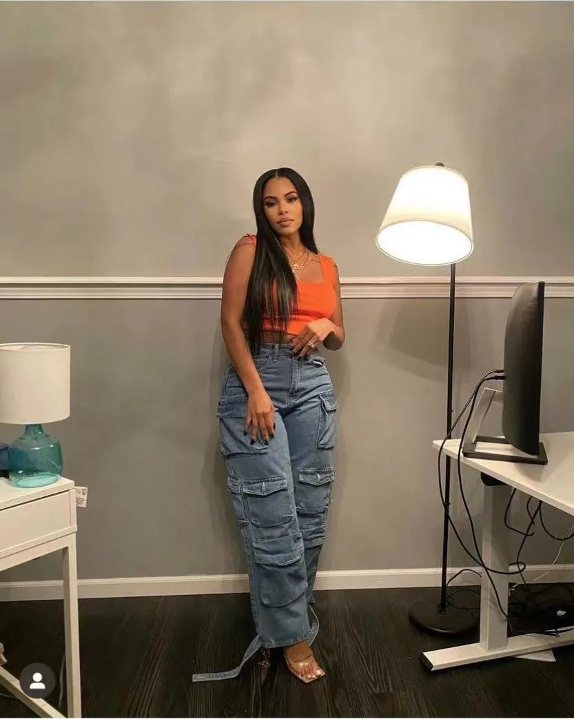 Joskaa Fashion Y2k Pockets Cargo Jeans Women Hipster High Waisted Straight Pants Fall 2023 Casual Denim Trousers Streetwear