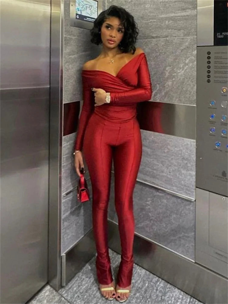 Simenual Casual Skinny Women Two Piece Set Sexy Deep V Crop Tops High Waist Pants Cyber Y2K Outfits Slim Co Ord Suits Streetwear