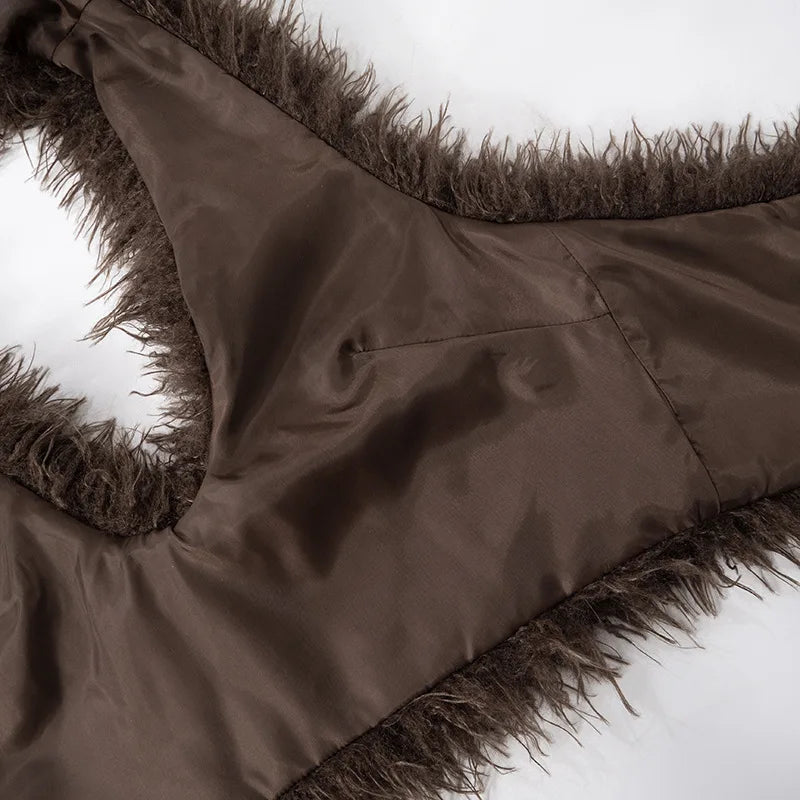Joskaa Sexy Faux Fur Waistcoat Women Furry Backless Bandage Halter Crop Vests Coat 2025 Fashion Warm Outerwear Y2K Streetwear