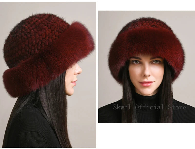 New Genuine Real Natural Knitted Mink Fur Hat Cap Luxury Women Handmade Knit Fashion Winter Headwear Warm Real Fox Fur Beanies