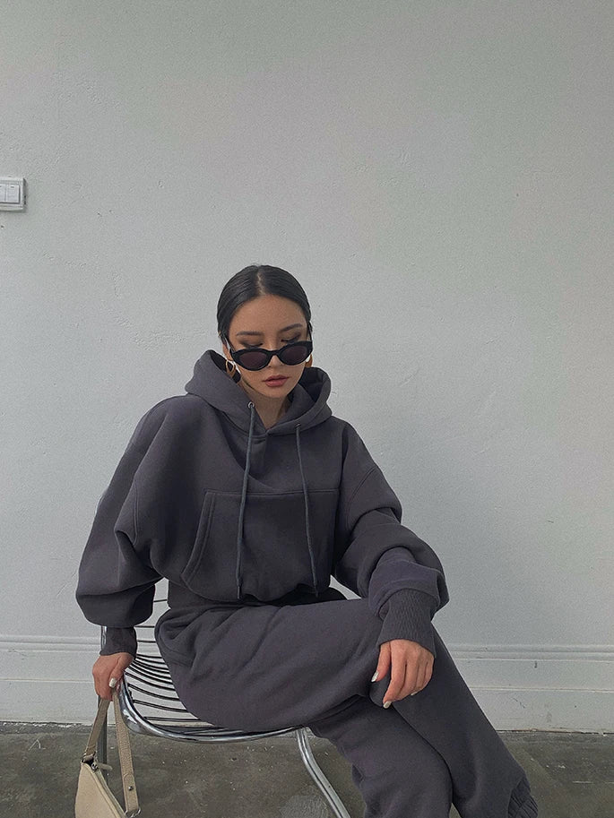 Casual New Fashion Hoodies Suit Women Winter Spring Solid Tracksuit Two Pieces Set Sports Pullover Sweatpants Sweatshirt Mujer