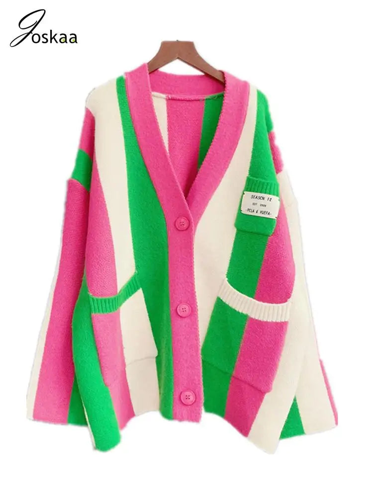 Joskaa Striped Patchwork Knitted Cardigan Women V-Neck Long Sleeve Single Breasted Sweater Coat Autumn 2023 Outwear Streetwear