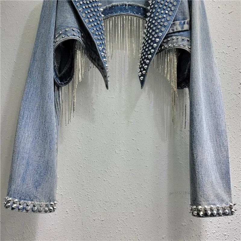Rhinestone Beaded Tassels Rivets Denim Jacket Short Crystal Fringed Backless Jeans Coat Diamonds Cowboy Cardigan Sequins Tops