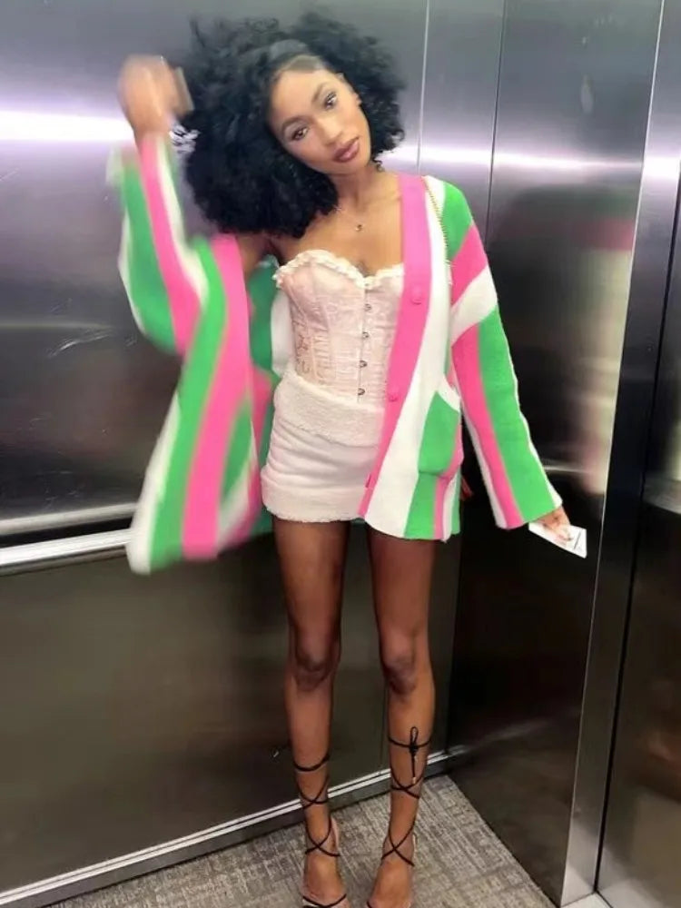 Joskaa Striped Patchwork Knitted Cardigan Women V-Neck Long Sleeve Single Breasted Sweater Coat Autumn 2023 Outwear Streetwear