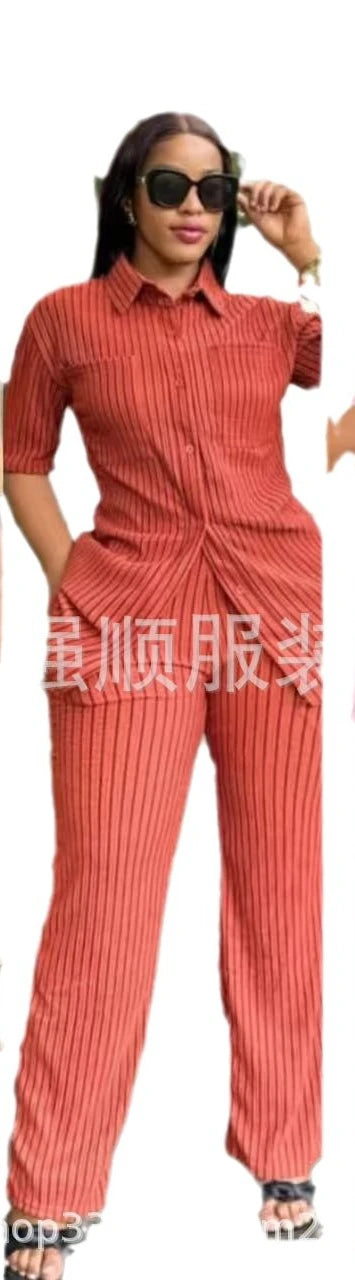 Two Piece Sets Women Pant Set Turn Down Collar Streetwear Y2k Single Breasted Shirt Tops Striped Wide Leg Long Pants Casual 2025