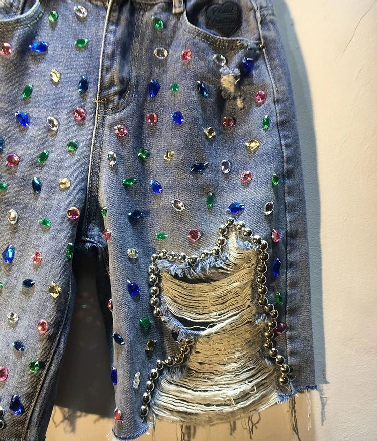 Diamond Beaded Denim Knee Length pants Woman 2025 Summer New Loose High Waist Slimming mid-pants Jeans women