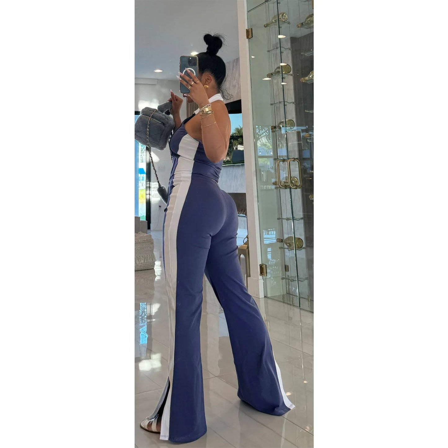 CM.YAYA Sporty Patchwork Women's Set Sleeveless Polo-tank Tops and Slit Flare Pants 2025 Active Two 2 Piece Set Outfit Tracksuit