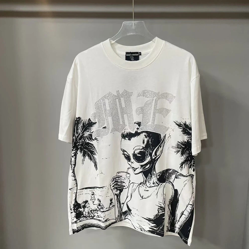 New Summer Letter Rhinestone Short Sleeve Black Mens Tshirts Streetwear Cotton Loose Round Neck Top Tees Oversized Unisex Tshirt