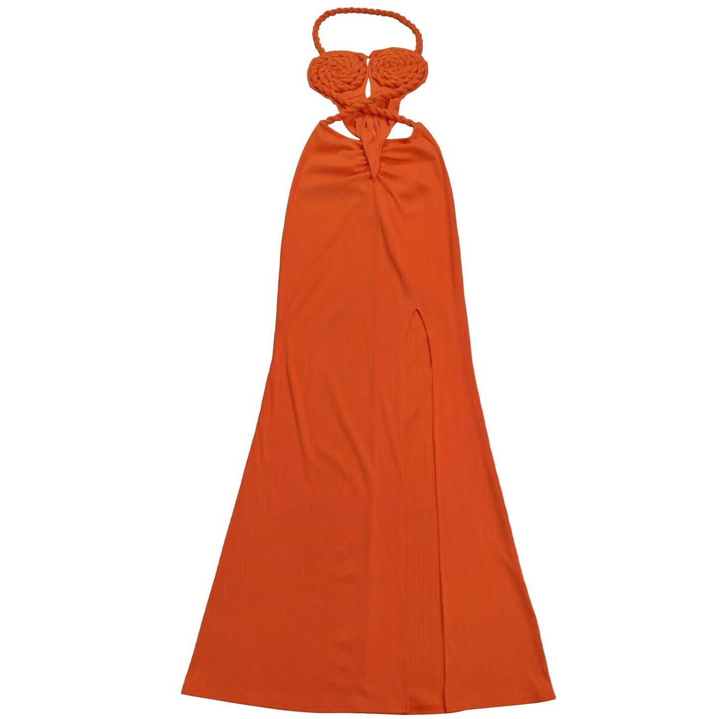 CM.YAYA Women Hemp Rope Halter Neck Stacked Ruched High Split Knit Bodycon Midi Maxi Long Dress 2025 Birthday Sexy Party Dresses