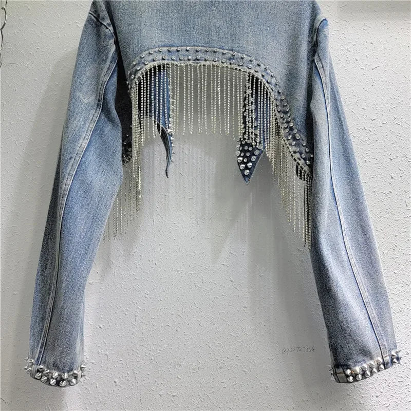 Rhinestone Beaded Tassels Rivets Denim Jacket Short Crystal Fringed Backless Jeans Coat Diamonds Cowboy Cardigan Sequins Tops
