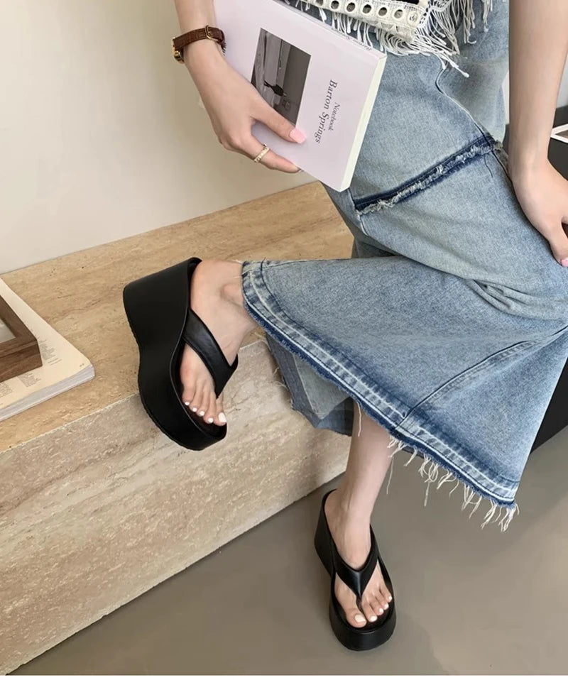 Design Summer Chunky Woman Slippers Fashion Platform Wedges High Heel Silvery Ladies Shoes Zapatillas De Mujer