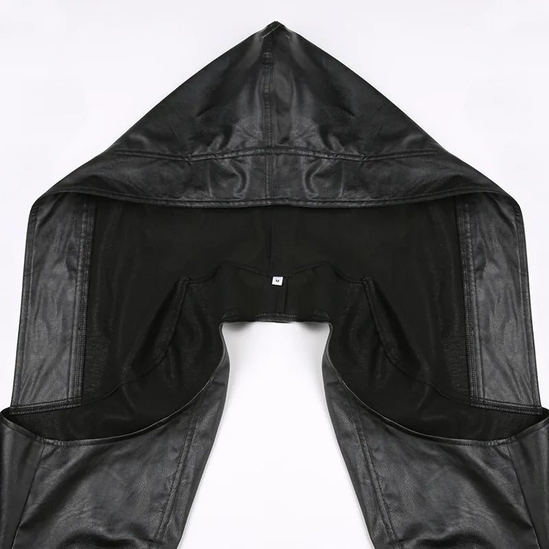 ALLNeon Y2K Rave Faux Pu Leather Hooded Cropped Jackets Tops Baddie Punk Long Sleeve Hoodies Short Coat Women Hot Street Outwear