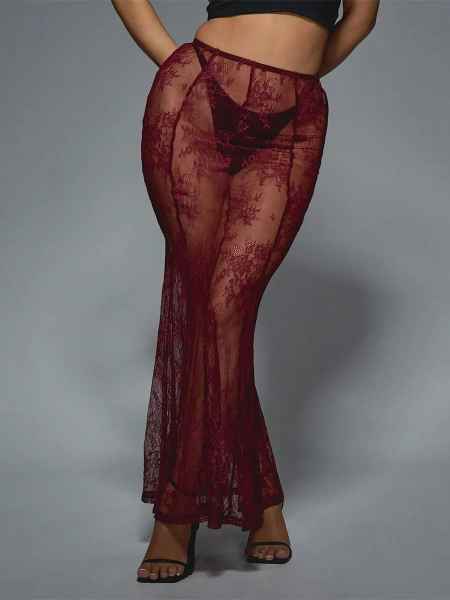 Women's Summer Sheer Lace Skirt Trendy Long Cocktail Skirt for Bar, Beach, Party