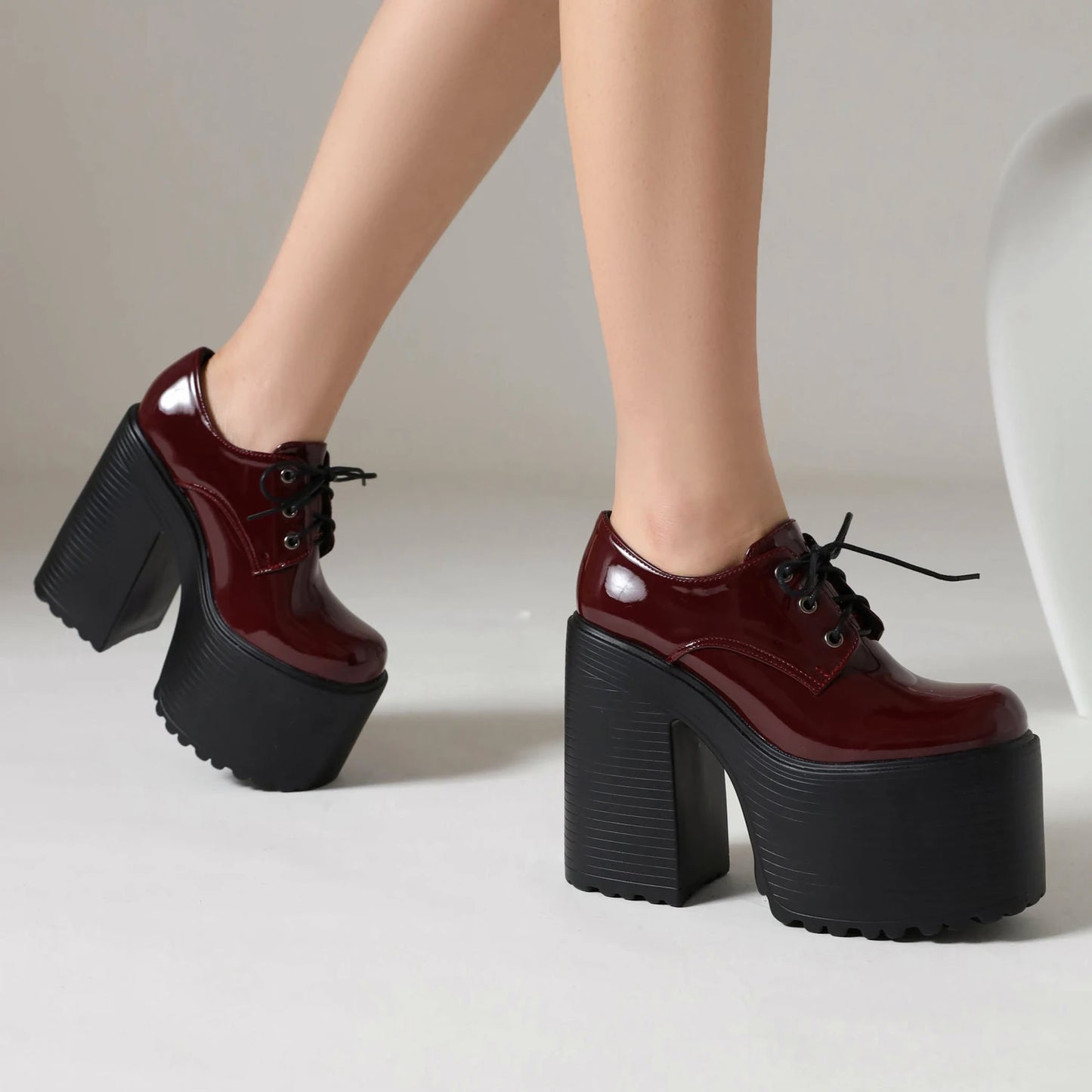 Ultra High Waterproof Platform Shiny Patent Leather Lace Up Women's Pumps Breathable Lining Thick Heels Punk Trendy High Heels