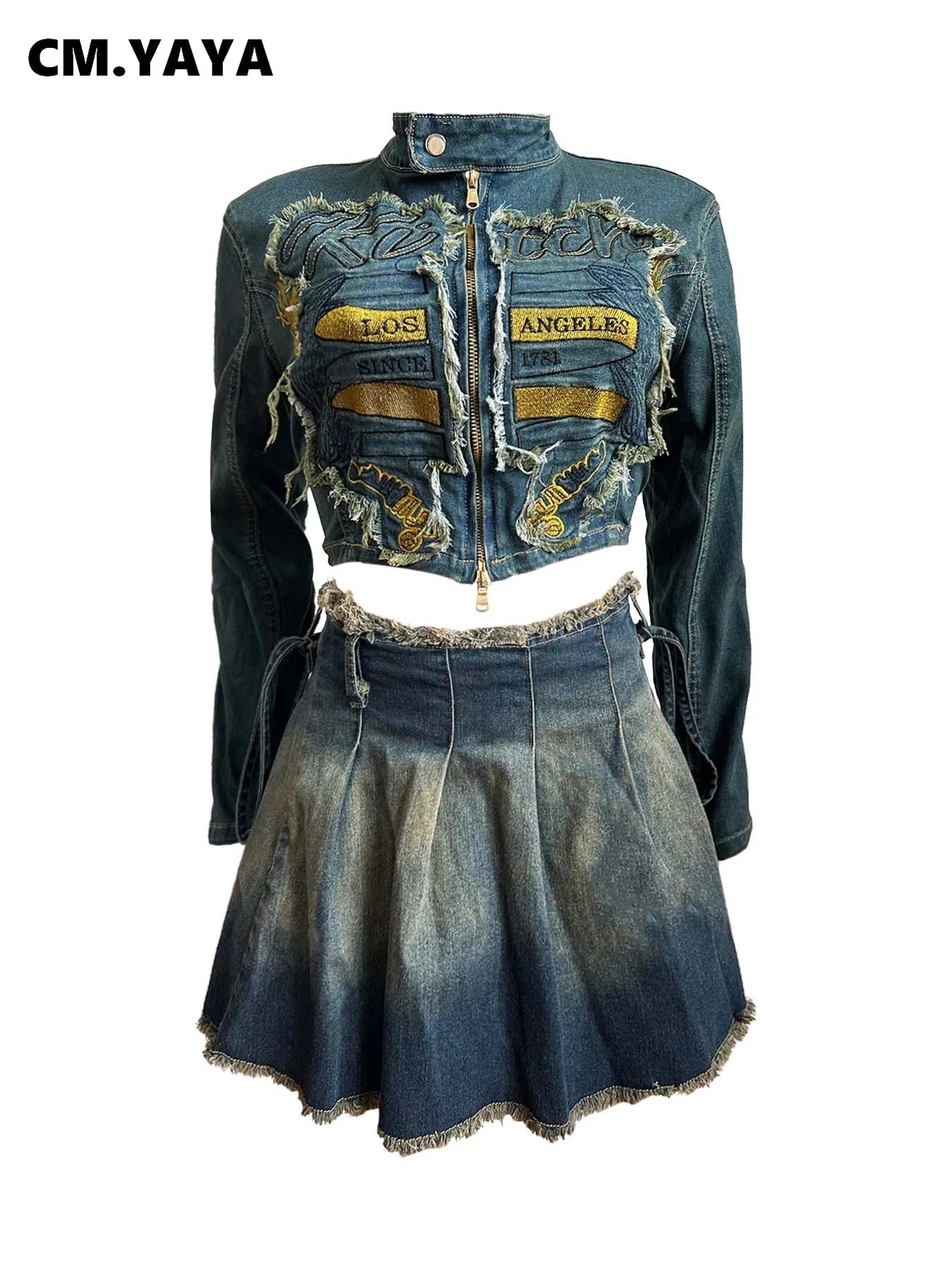 CM.YAYA Denim Women's Set Letter Embroidery Full Sleeve Jacket and Pleated Skirts Suits Streetwear Sexy Two 2 Piece Set Outfits