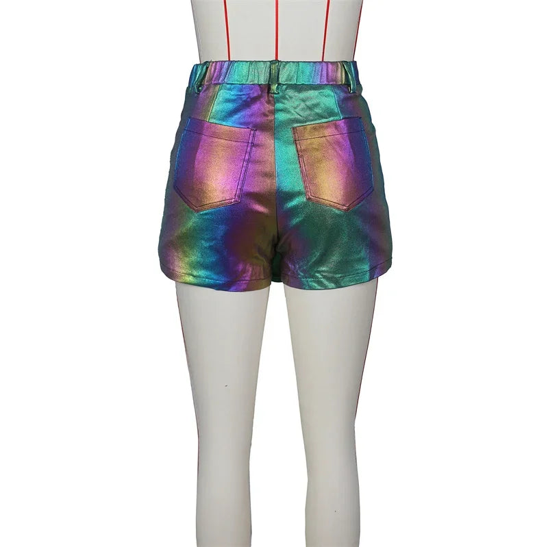 Shiny Metallic Irregular Shorts Skirts Women Y2K Clothing High Waist Button Fly Pockets Party Club Birthday Pantalones Cortos