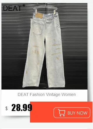 DEAT Fashion Women's 3D Chain Printed Contrast Color Jeans Niche Design High Waist Casual Denim Pants Female Trendy 11A04071