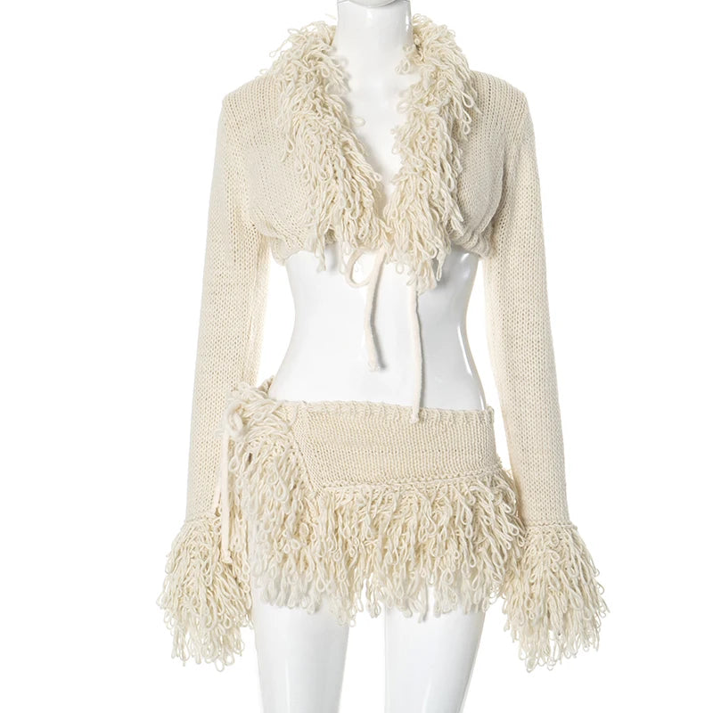 CUTENOVA 2024 New French Knit Sexy Set Tie Cardigan Long Sleeve Navel Top + Fashion Sexy Mini Skirt Set For Y2K Hottie Girl Wear