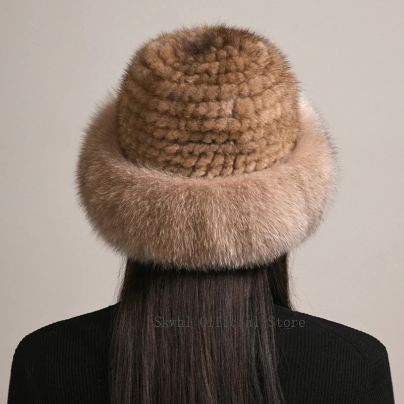 New Genuine Real Natural Knitted Mink Fur Hat Cap Luxury Women Handmade Knit Fashion Winter Headwear Warm Real Fox Fur Beanies