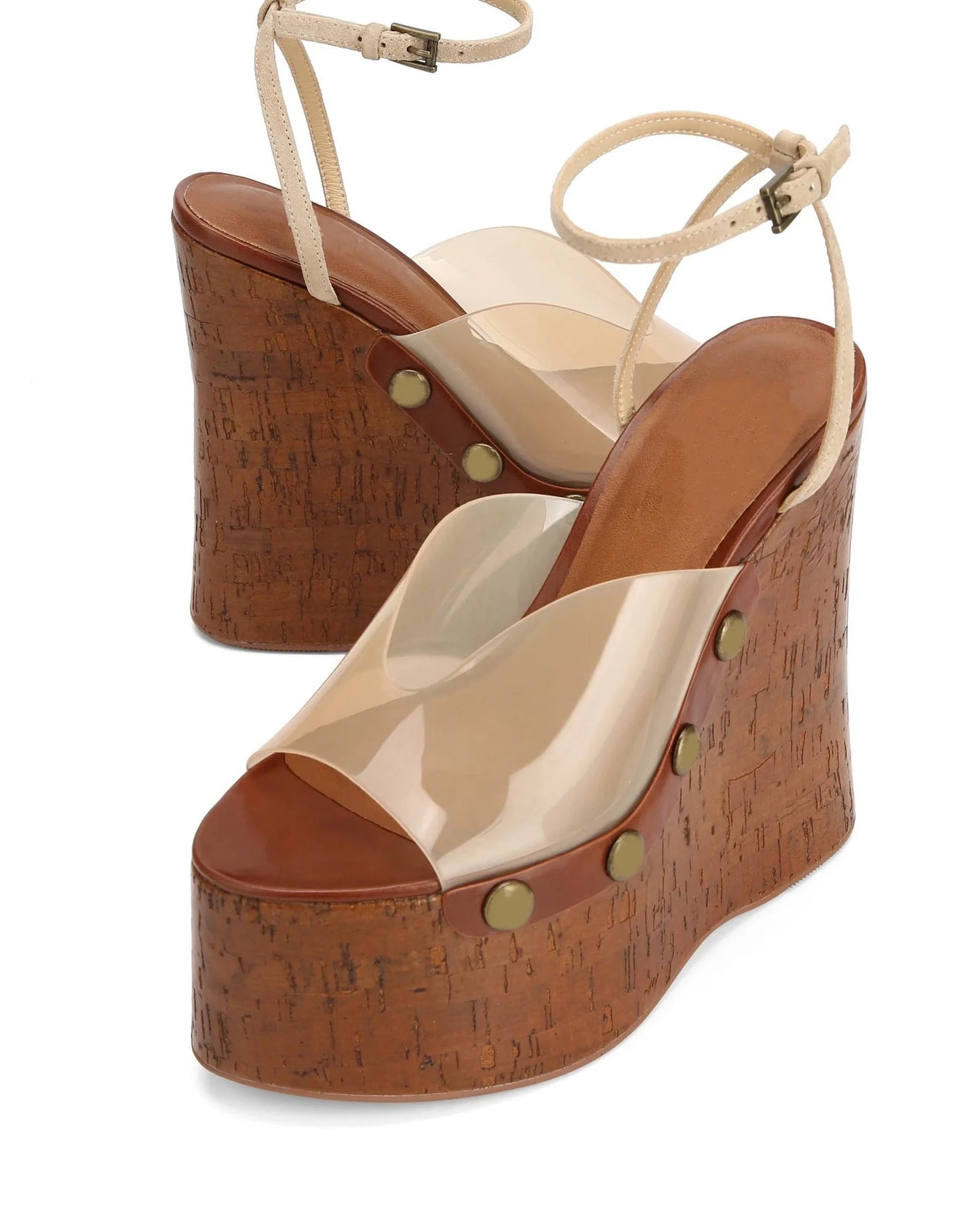 Large Rivets Embedded PVC Strap Women’s Sandals Peep Toe Wedges Super High Heels Tall Platform Sandales à Talons Heighten Shoes