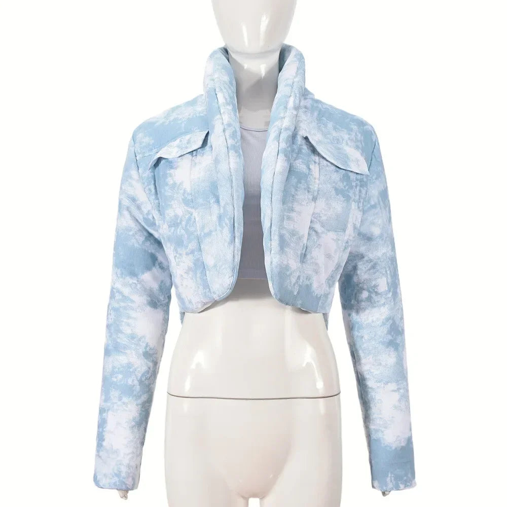 CM.YAYA Streetwear Women Tie Dye Print Long Sleeve Parkas Jacket Thick Warm 2024 Winter Autumn Outwear Coats