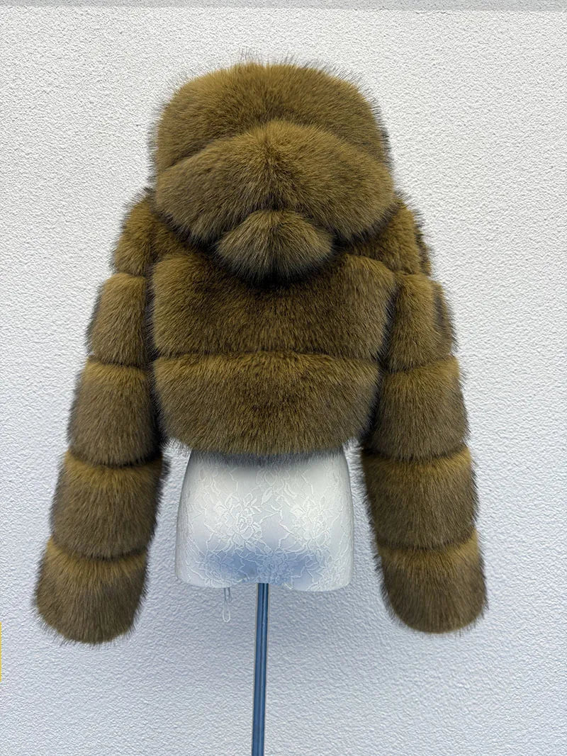 S-6XL Women Coat Autumn Winter Short Hooded Faux Fox Fur Coat Thick Warm Outerwear Fake Fur Woman Jackets Ladies Furry Coats