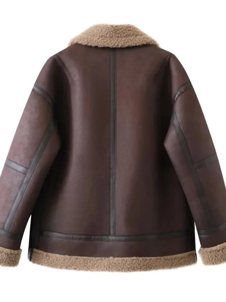 Winter Women Warm Coats Thick Faux Leather Jacket Vintage Lapel Long Sleeve Zipper Overcoat Fashion Loose Oversize Coats Female