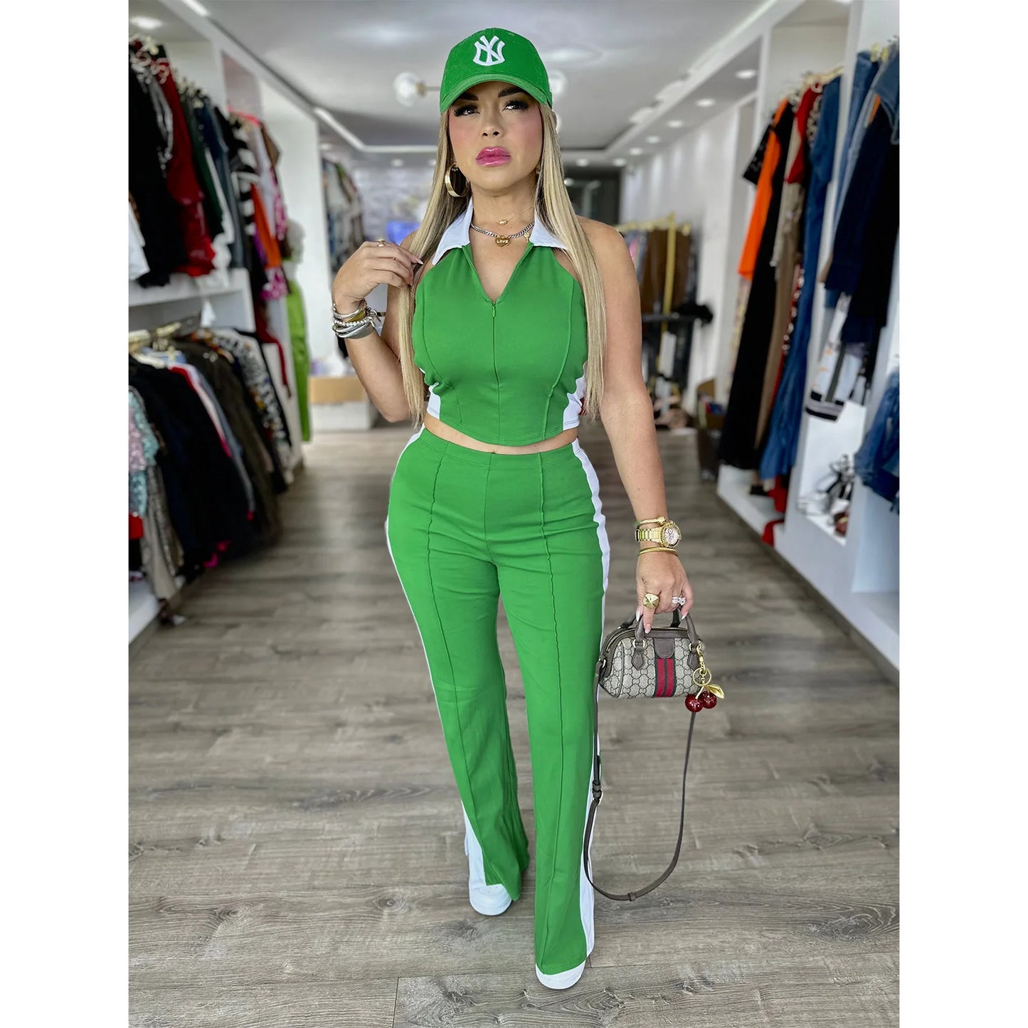 CM.YAYA Sporty Patchwork Women's Set Sleeveless Polo-tank Tops and Slit Flare Pants 2025 Active Two 2 Piece Set Outfit Tracksuit