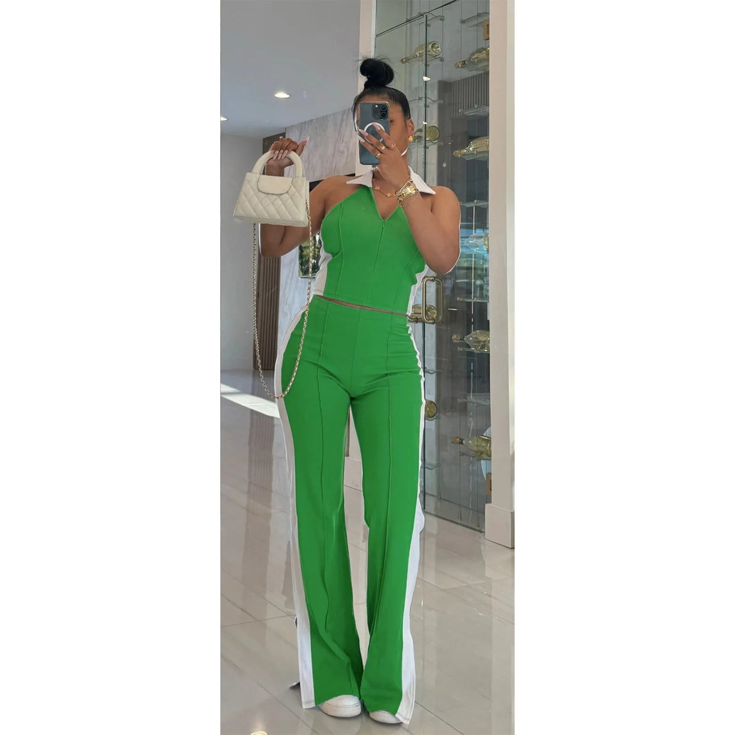 CM.YAYA Sporty Patchwork Women's Set Sleeveless Polo-tank Tops and Slit Flare Pants 2025 Active Two 2 Piece Set Outfit Tracksuit