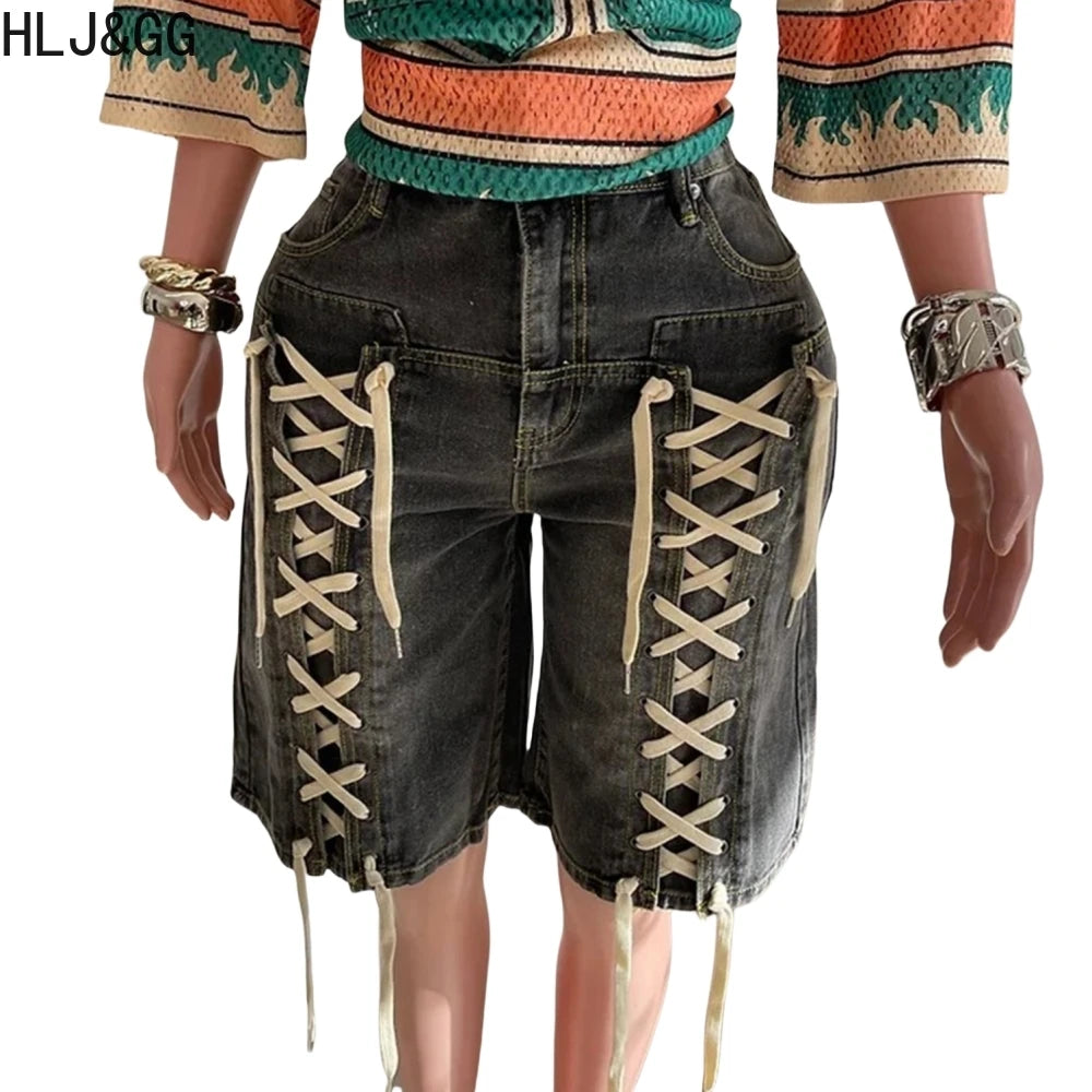 HLJ&GG American Vintage Fashion Bandage Straight Jean Shorts Women High Waisted Button Loose Denim Shorts Female Cowboy Bottom