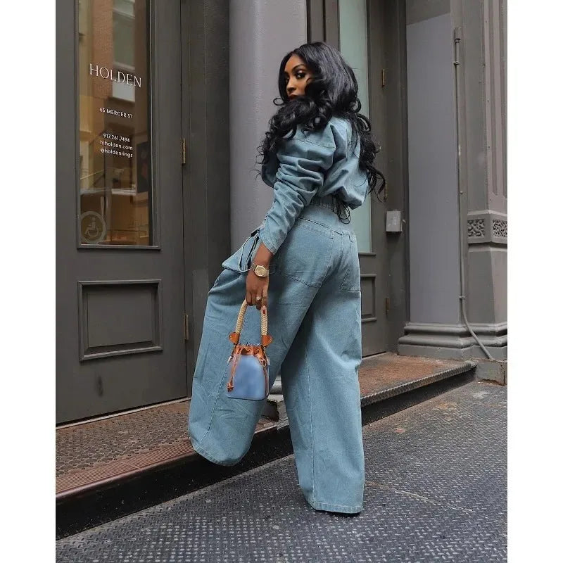 Casual Loose Denim Two Piece Set for Women Streetwear 2023 Autumn Zipper High Collar Crop Top Elastic Waist Wide Leg Cargo Pants