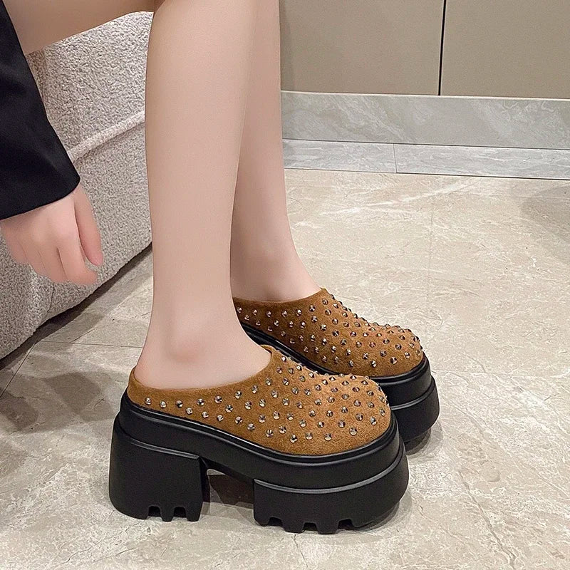 10CM New Rivet Platform Women Slippers Fashion Chunky High Heeled Sandals Comfort Roma Style Round Toe Slide Mule Shoes Summer